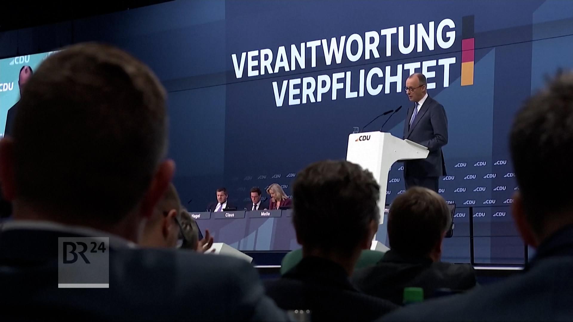 Merz hält Rede am CDU-Parteitag. 