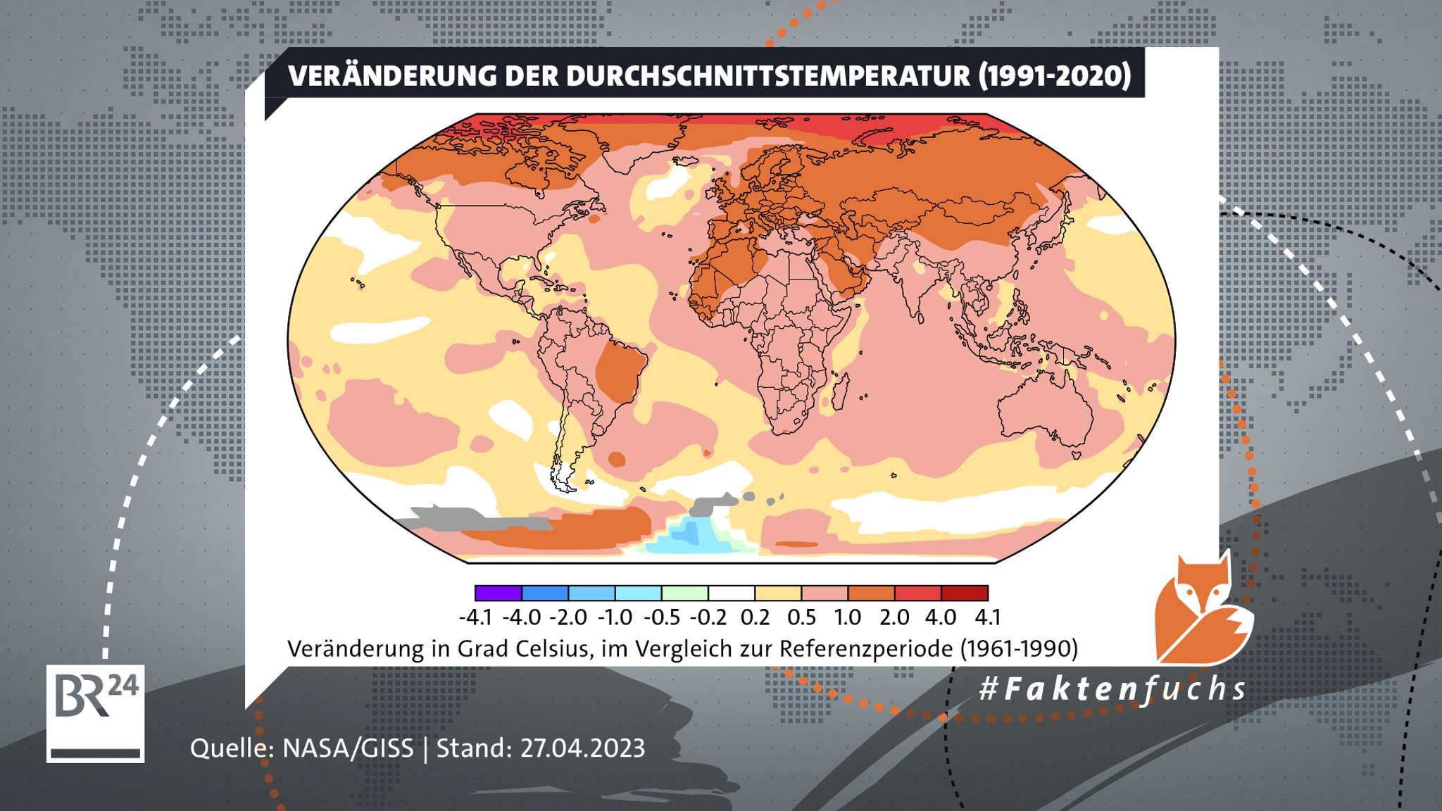 Weltkarte: Veränderung der Durchschnittstemperatur (1991-2020) im Vergleich zur klimatologischen Referenzperiode 1961-2020. Vor allem die Nordhalbkugel hat sich stärker erwärmt, die Ozeane weniger. 