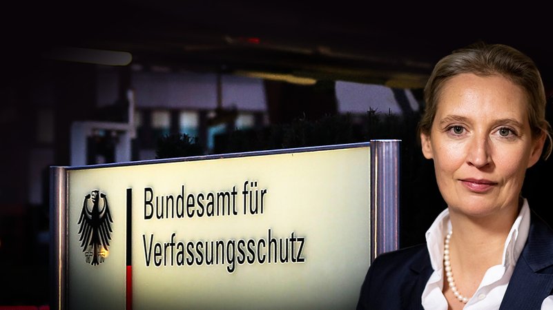 Bildmontage: Alice Weidel (AfD) vor dem Bundesamt für Verfassungsschutz | Bild: picture alliance/dpa | Fabian Sommer, picture alliance / dpa | Oliver Berg; Montage: BR Bildmontage: Alice Weidel (AfD) vor dem Bundesamt für Verfassungsschutz