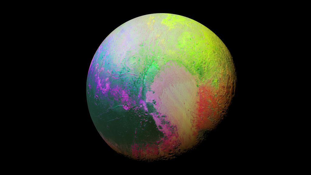 Pluto in Falschfarbentechnik, aufgenommen am 14. Juli 2015