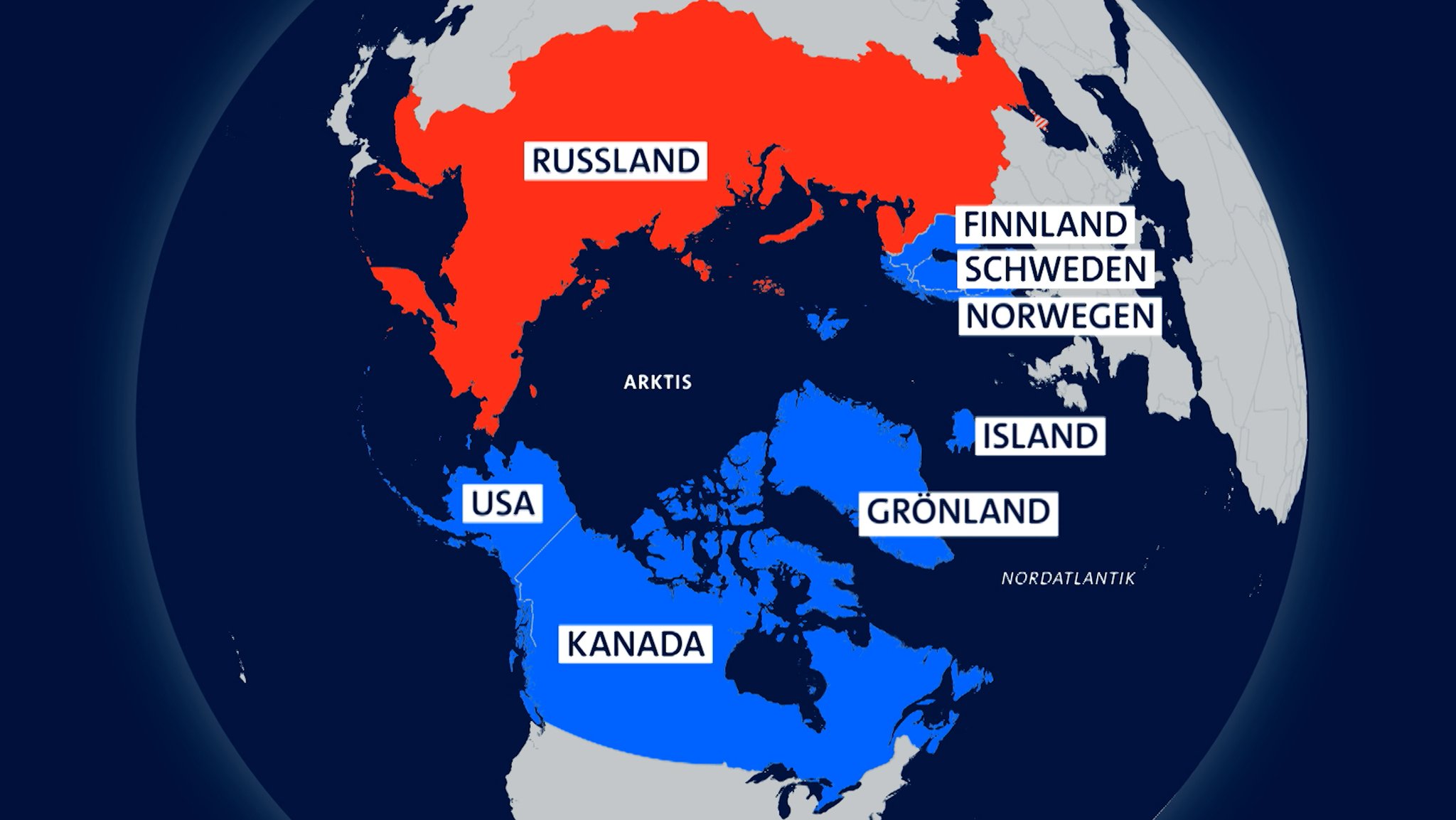 Landkarte der Arktis und der Staaten drumherum. Die angrenzenden Territorien sind jeweils zur Hälfte ca. russisch oder gehören zu NATO-Staaten. | Bild: BR Landkarte der Arktis und der Staaten drumherum. Die angrenzenden Territorien sind jeweils zur Hälfte ca. russisch oder gehören zu NATO-Staaten.