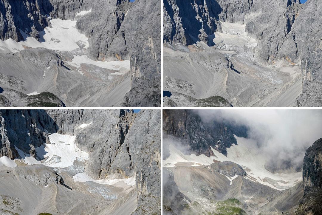 Die Gletscher Deutschlands schmelzen. Hier der Höllentalferner, am 2021 oben links, 2022 oben rechts, 2023 unten links und 2024 unten rechts.