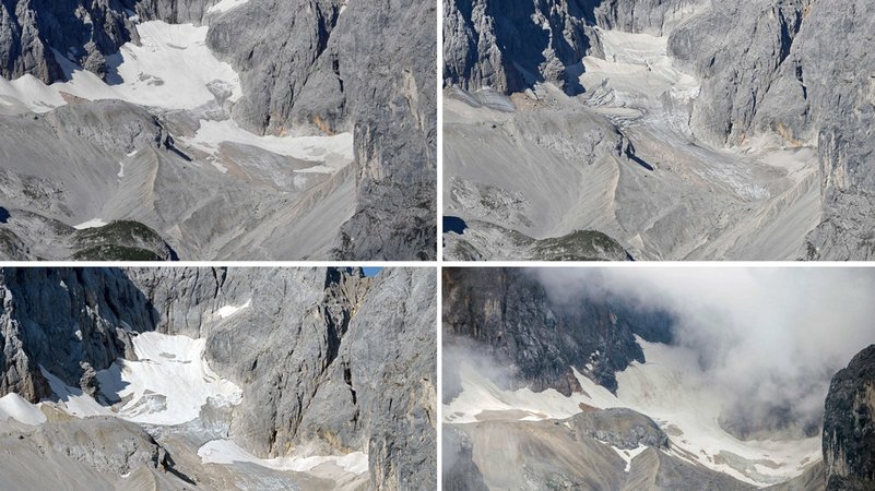 Die Gletscher Deutschlands schmelzen. Hier der Höllentalferner, am 2021 oben links, 2022 oben rechts, 2023 unten links und 2024 unten rechts. | Bild: dpa-Bildfunk/Angelika Warmuth Die Gletscher Deutschlands schmelzen. Hier der Höllentalferner, am 2021 oben links, 2022 oben rechts, 2023 unten links und 2024 unten rechts.