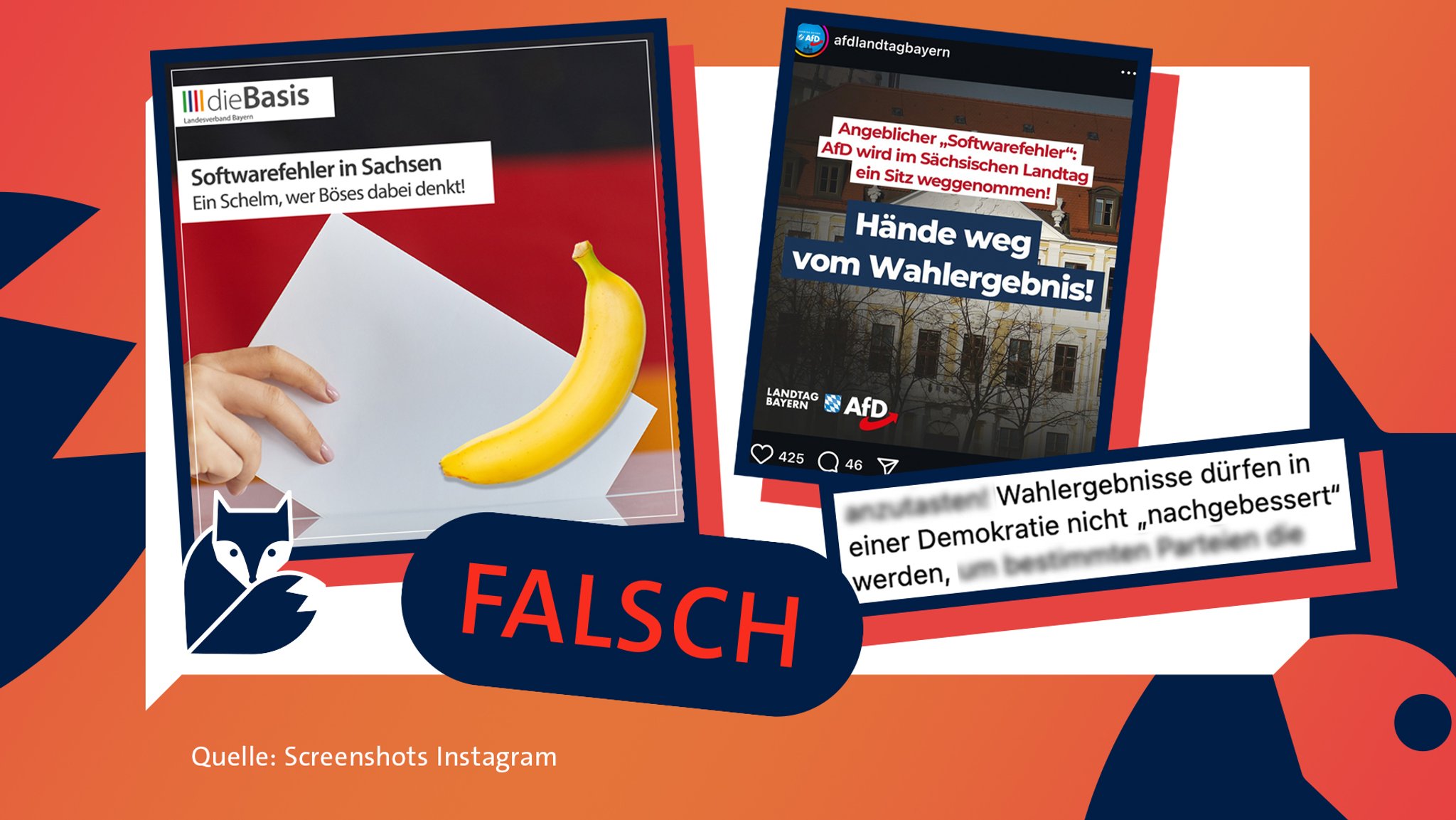 Screenshots von Social Media-Beiträgen der Partei "die Basis" und der Landtagsfraktion der AfD Bayern. Darin spekulieren sie, nach der Landtagswahl in Sachsen habe es Wahlmanipulationen gegeben. Darauf der Stempel "falsch".