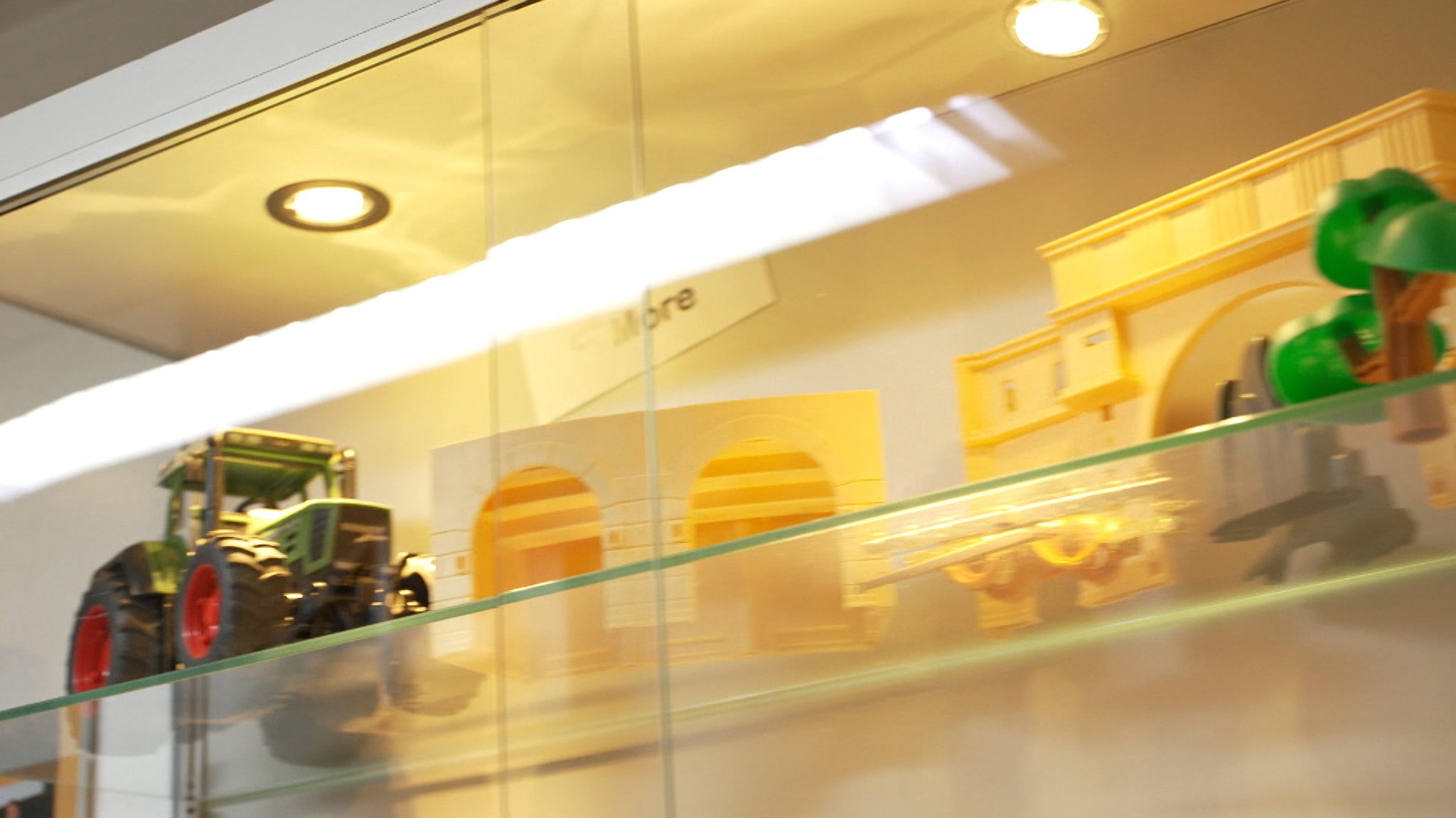 Blick in eine Vitrine mit Produkten.