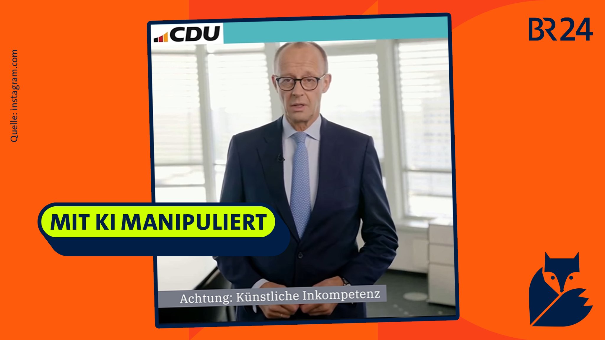 Auf dem Bild zu sehen ist ein Screenshot eines Deepfakes von Friedrich Merz, oben links im Bild ist das Logo der CDU, unten steht auf einem Banner "Achtung: Künstliche Inkompetenz".