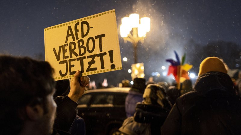 Aufnahmen im Rahmen der Demonstration "Auf die Strasse! Gegen Nazistische Deportationsplaene der AfD" vor dem Roten Rathaus in Berlin, 17.01.2024. Ein Schild mit der Aufschrift "AfD-Verbot jetzt!"