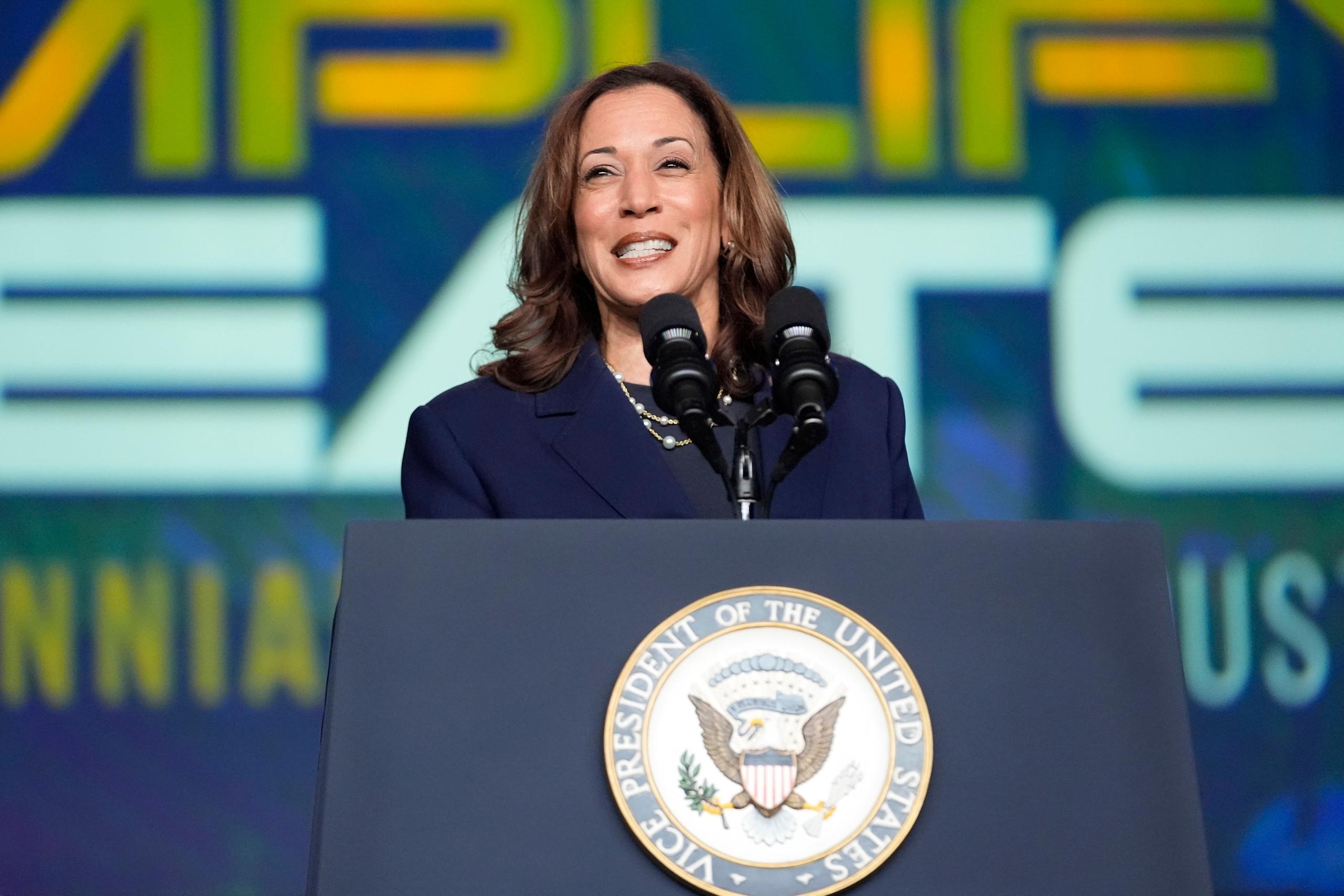 31.07.2024, USA, Houston: Vizepräsidentin Kamala Harris hält eine Rede bei einer Versammlung der Sigma Gamma Rho Sorority. Foto: Mat Otero/AP +++ dpa-Bildfunk +++