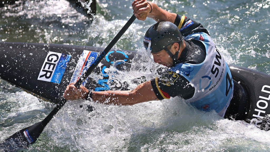 03.06.2023, Bayern, Augsburg: Kanu/Slalom: Weltcup, Canadier-Einer, Finale, Damen. Sideris Tasiadis (Deutschland) in Aktion. 