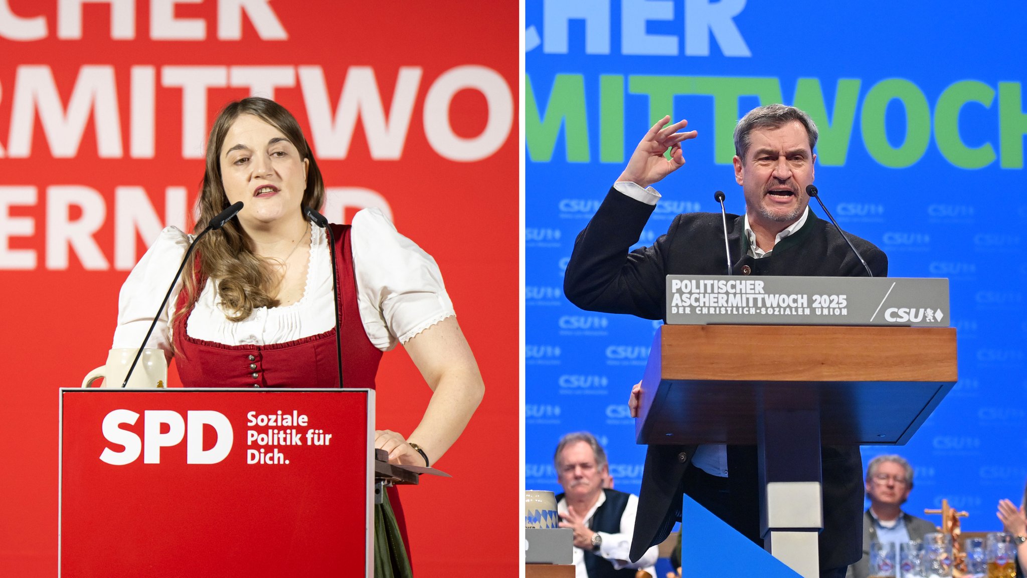 Die Vorsitzende der Bayern-SPD, Ronja Endres (li), Markus Söder, Parteivorsitzender der CSU, Ministerpräsident von Bayern (re) am Politischen Aschermittwoch 2025