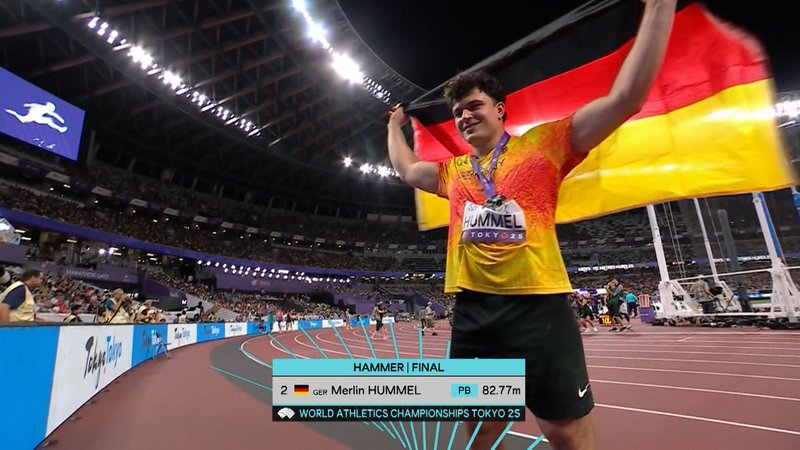 Er ist seit heute Vize-Weltmeister im Hammerwerfen. Merlin Hummel holt Silber und erreicht mit 82,77 Metern seine persönliche Bestweite.  | Bild: Bayerischer Rundfunk 2025 Er ist seit heute Vize-Weltmeister im Hammerwerfen. Merlin Hummel holt Silber und erreicht mit 82,77 Metern seine persönliche Bestweite.