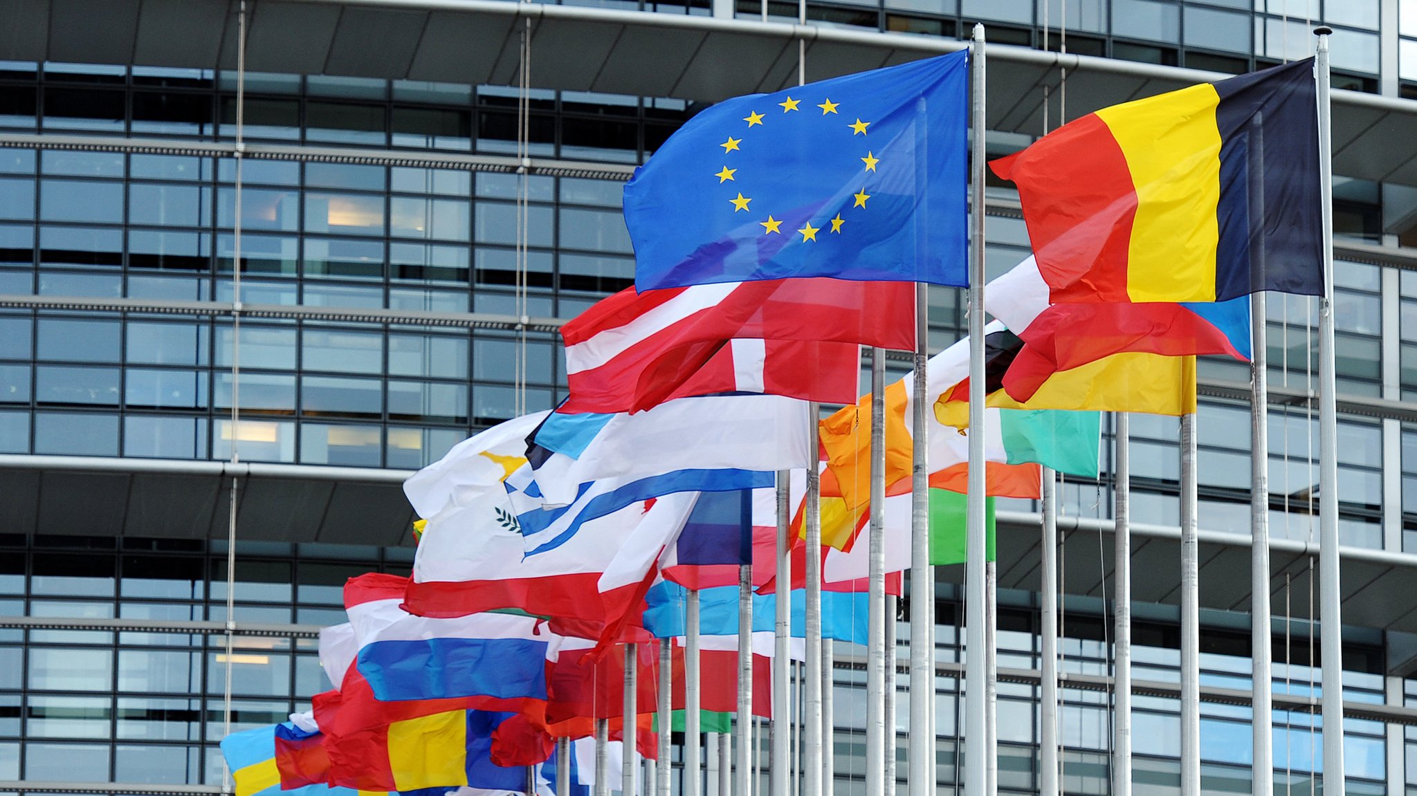 Flaggen vor dem EU-Parlament in Straßburg. 