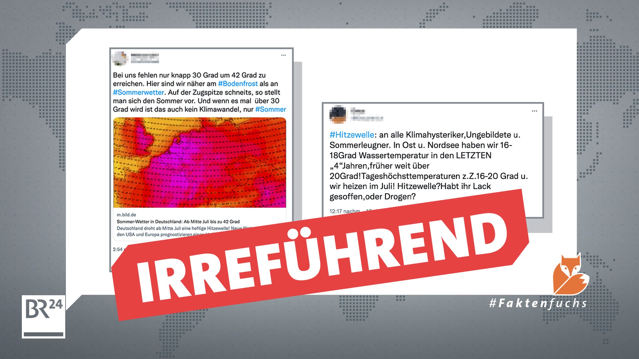 Irreführende Tweets, die Hitze im Kontext des Klimawandels als Übertreibung oder als Hysterie darstellen