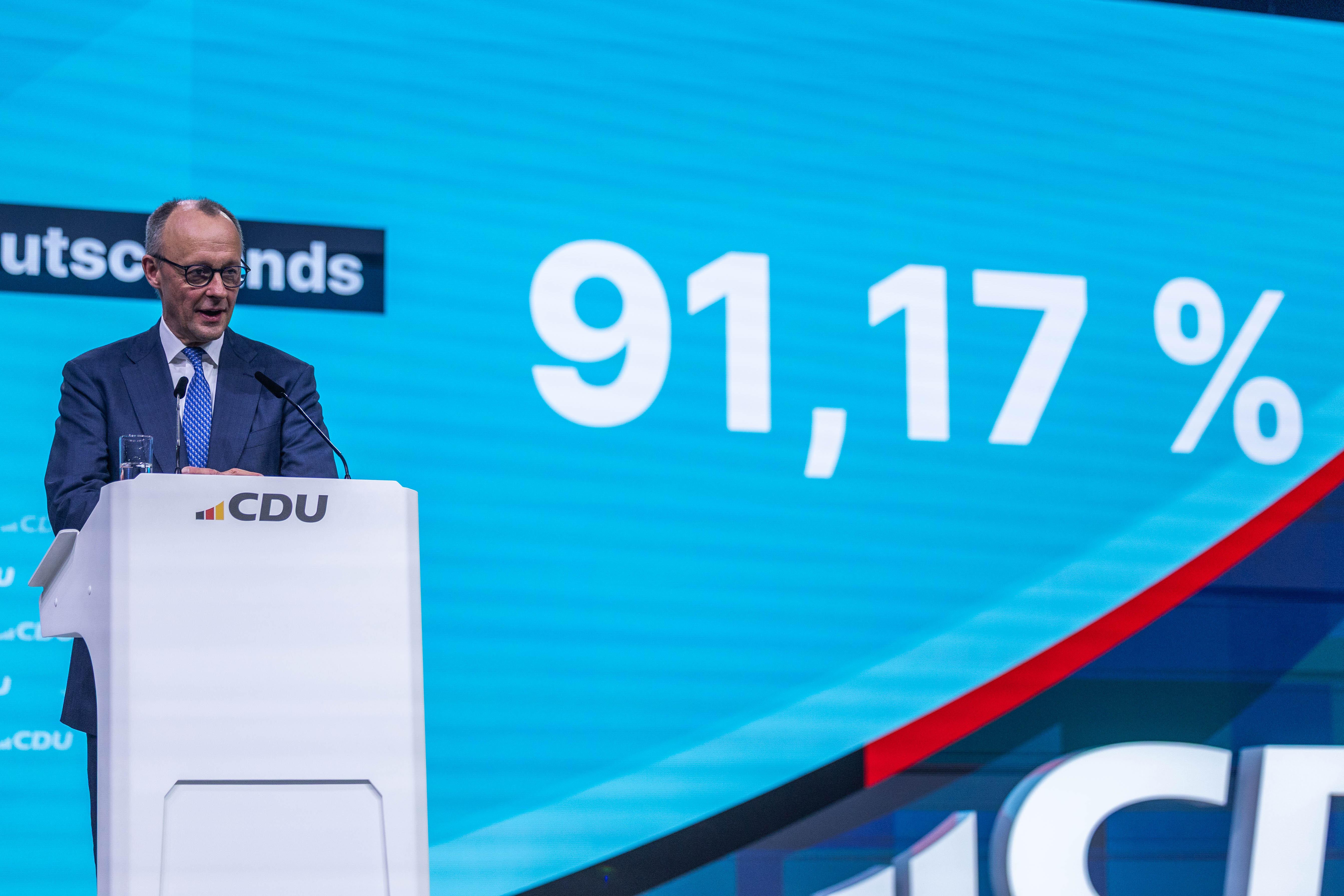 38. Parteitag der CDU Deutschlands am 20.02.2026 in der Messe Stuttgart Friedrich Merz ( Bundeskanzler / Bundesvorsitzender / Vorsitzender Christlich Demokratische Union Deutschlands CDU ) nach seiner Wiederwahl / Wahl Foto: Revierfoto