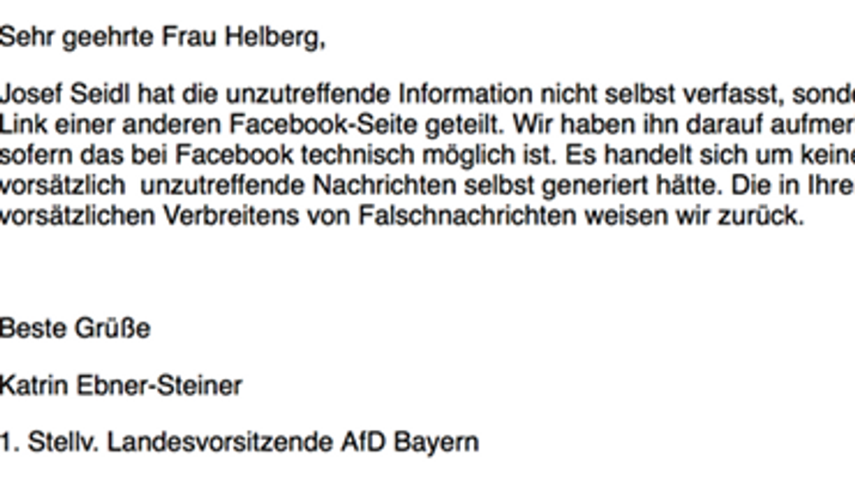 Screenshot, Schreiben der 1. Stellv. Landesvorsitzenden der AfD Bayern Katrin Ebner Steiner an die Autorin Cristina Helberg.