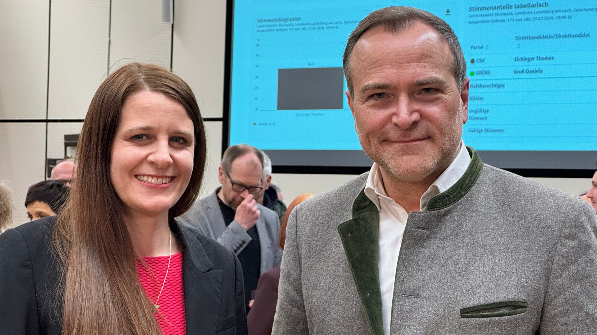 Amtsinhaber Thomas Eichinger, CSU, und Landsbergs neue Landrätin Daniela Groß, Grüne, im Landratsamt. 
