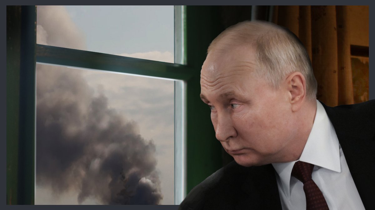 Bildmontage: Ein Mann schaut stirnrunzelnd aus dem Fenster, es ist der russische Präsident Wladimir Putin, draußen ist eine Rauchwolke zu sehen