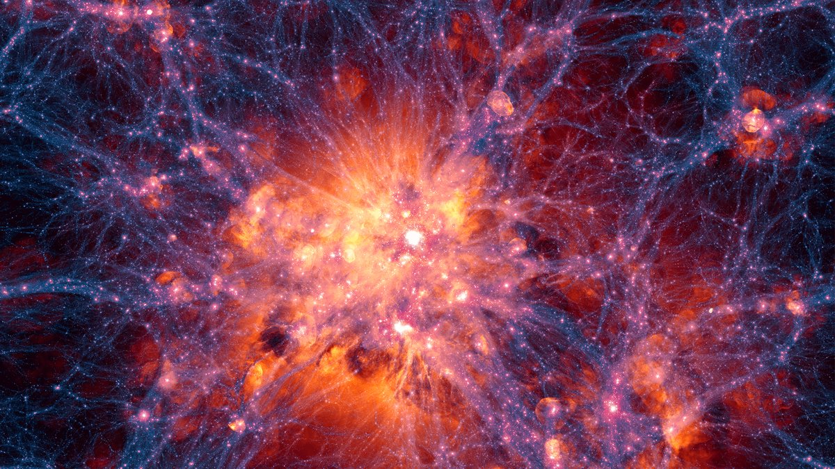 Die Grafik zeigt hell leuchtende Filamente und dichtere Zentren in einer violetten Farbe. Diese sollen die Dunkle Materie repräsentieren. Darüber gelegt befindet sich in einer orange-rötlichen Farbe die diffusere Anordnung von leuchtendem Gas. | Bild: "Illustris Collaboration" / "Illustris Simulation". Die Grafik zeigt hell leuchtende Filamente und dichtere Zentren in einer violetten Farbe. Diese sollen die Dunkle Materie repräsentieren. Darüber gelegt befindet sich in einer orange-rötlichen Farbe die diffusere Anordnung von leuchtendem Gas.