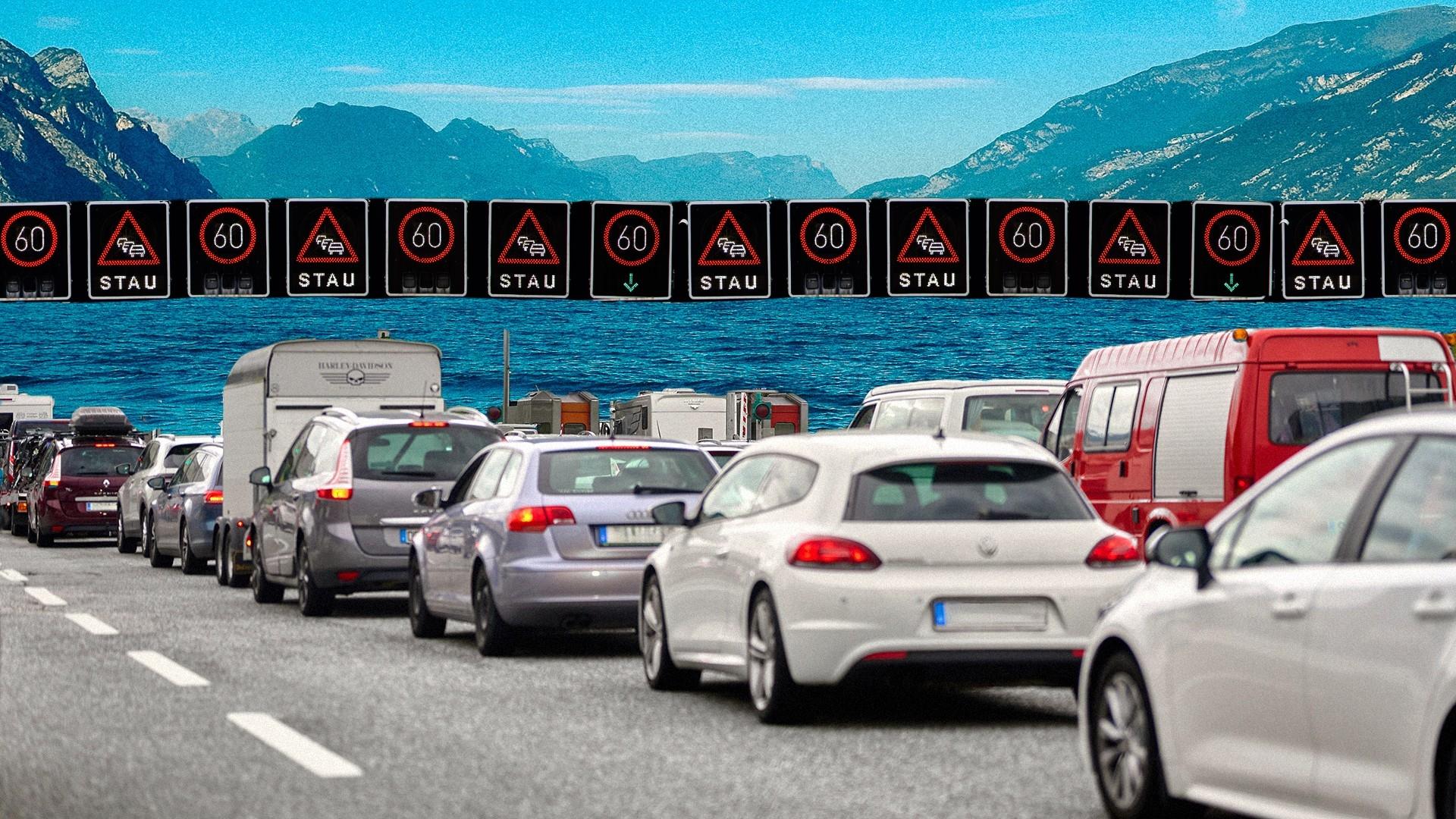 (Symbolbild) Fotocollage: Stau auf einer Autobahn, dahinter der Gardasee