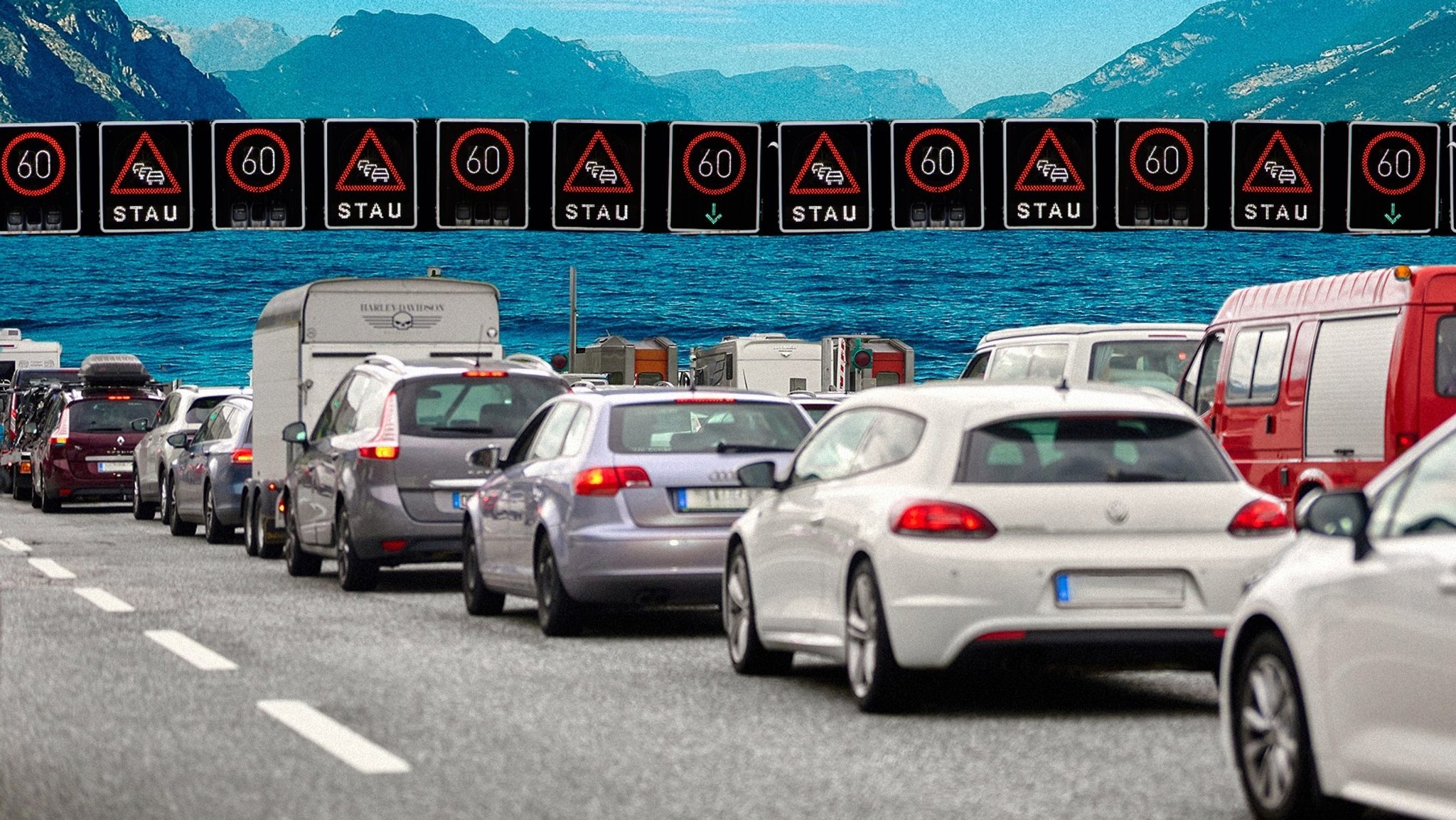 (Symbolbild) Fotocollage: Stau auf einer Autobahn, dahinter der Gardasee | Bild: Picture Alliance/Chromorange/Michael Bihlmayer; (Collage: Amelie Pompe/BR24) (Symbolbild) Fotocollage: Stau auf einer Autobahn, dahinter der Gardasee