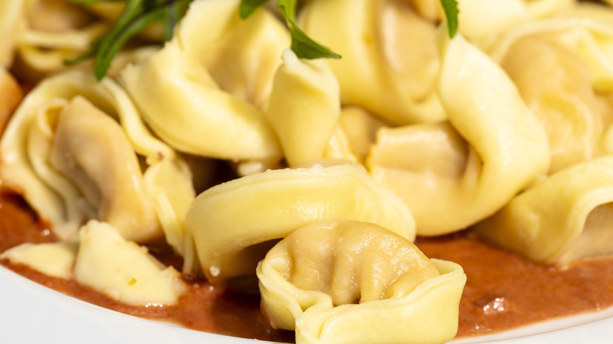 Tortellini Pasta mit Soße auf einem weißen Teller