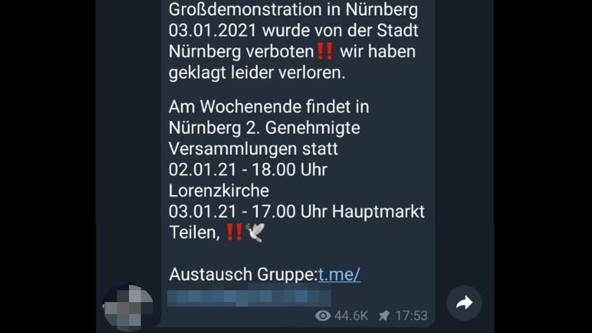 Mobilisierungsaufruf eines "Querdenkers" für die Kundgebung am Sonntag in einem Telegram-Chat