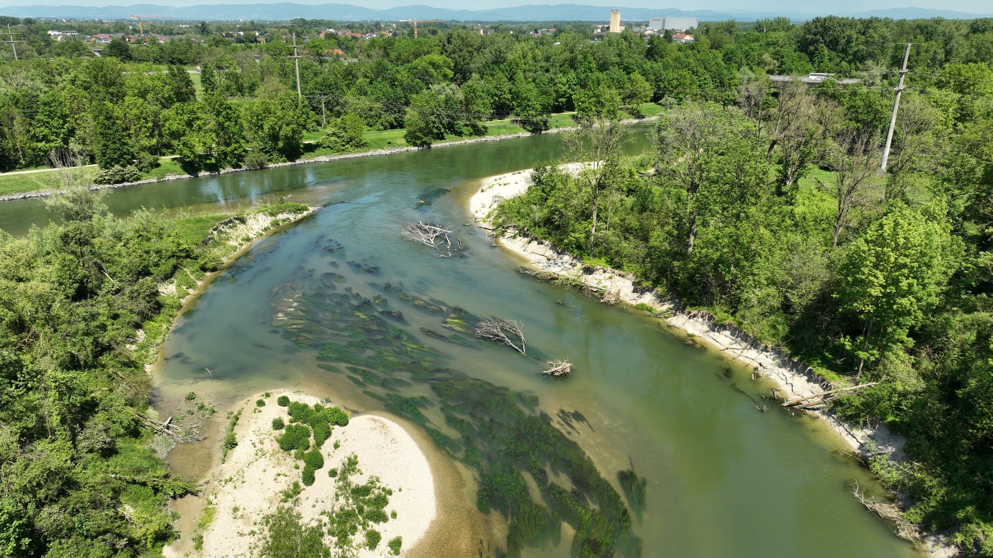 Die wilde Isar bei Landau von oben