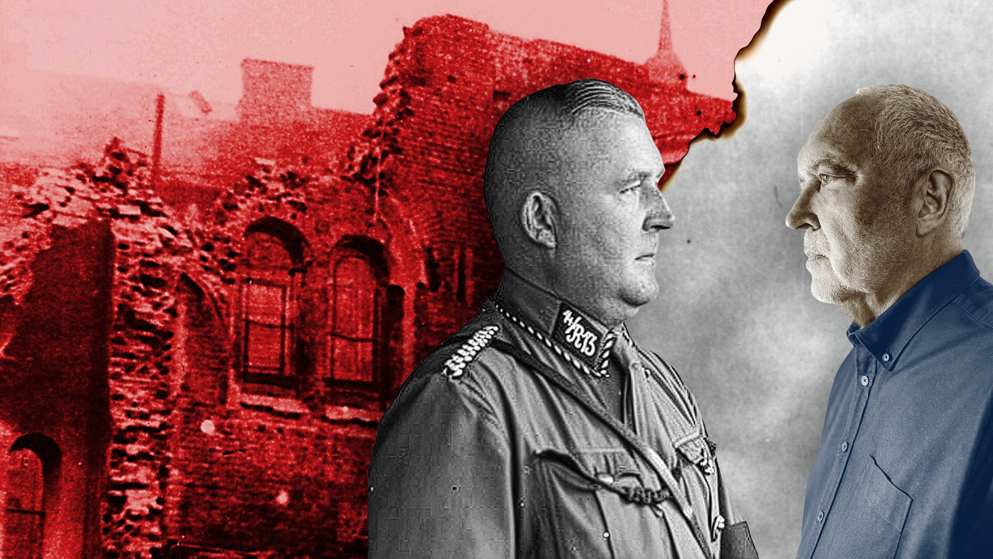 "Mein Großvater - der Nazi". Gegenüberstellung Andreas Bönte und sein Großvaters vor einem historisch geprägtem Hintergrund mit kaputter Synagoge, visuell inszeniert als generationsübergreifende Auseinandersetzung mit der Vergangenheit.
