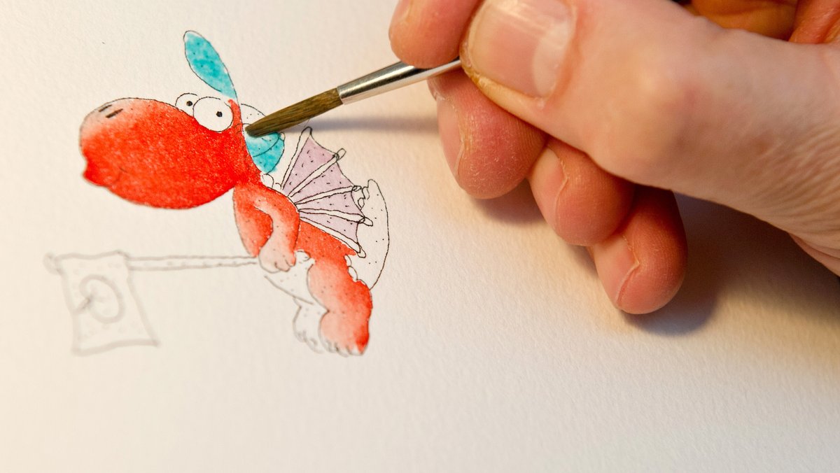 So sieht es aus, wenn Ingo Siebner den kleinen Drachen Kokosnuss per Hand zeichnet