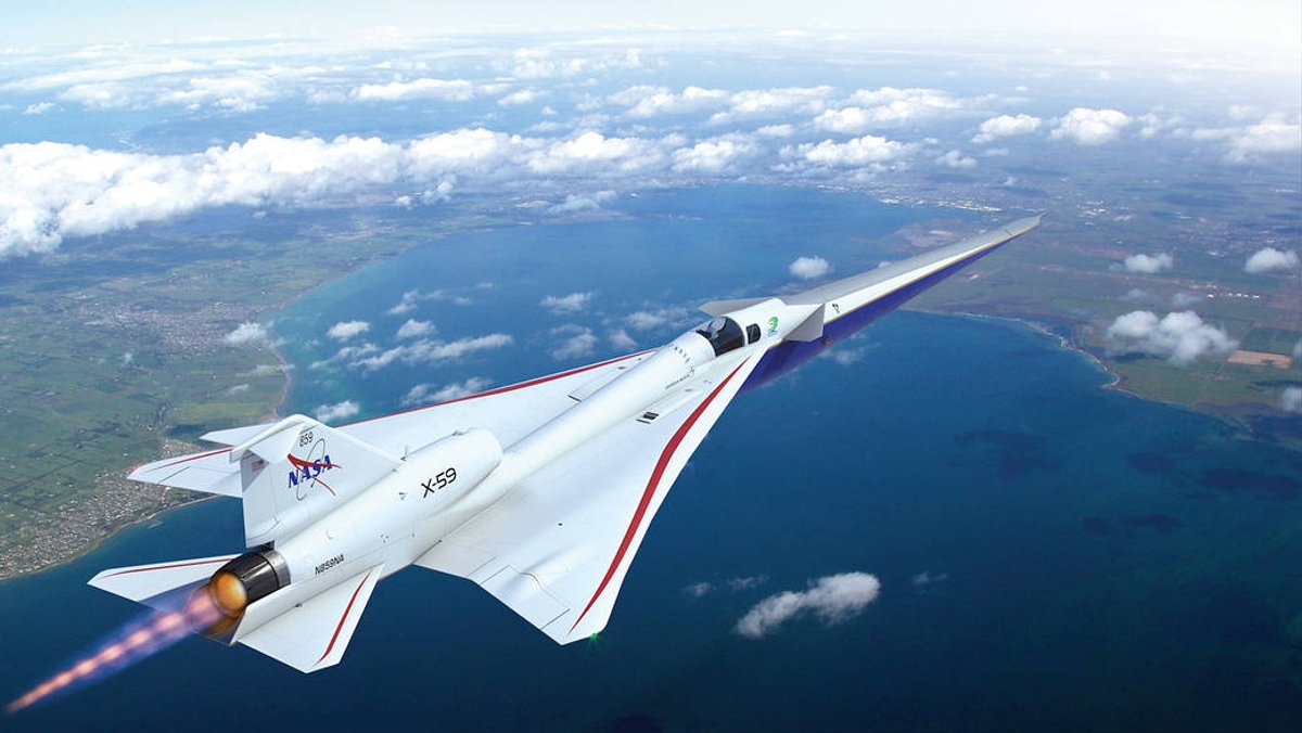Überschallflugzeug X-59 von NASA und Lockheed Martin im Flug (künstlerische Darstellung)