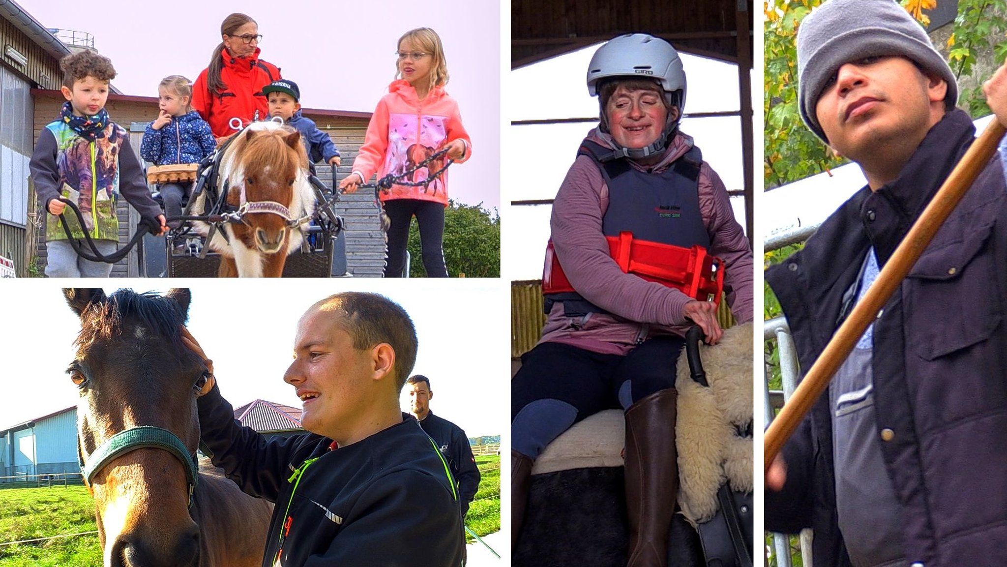 Kinder mit der Kutsche, ein junger Mann mit Pferd, eine Szene aus der Reittherapie und aus dem Arbeitsalltag beim Misten.