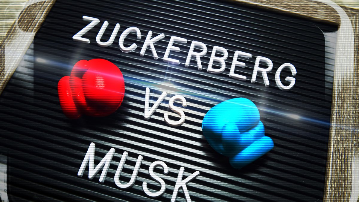 Zuckerberg und Musk-Namenszüge mit Boxhandschuhen