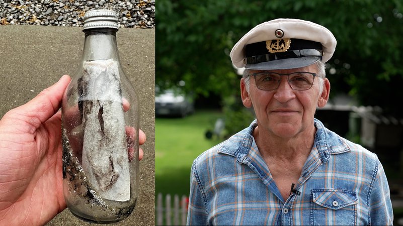Die Flaschenpost und ihr Absender, Franz Pickhard. | Bild: Collage: BR/Michael Frick; Bild: privat Die Flaschenpost und ihr Absender, Franz Pickhard.