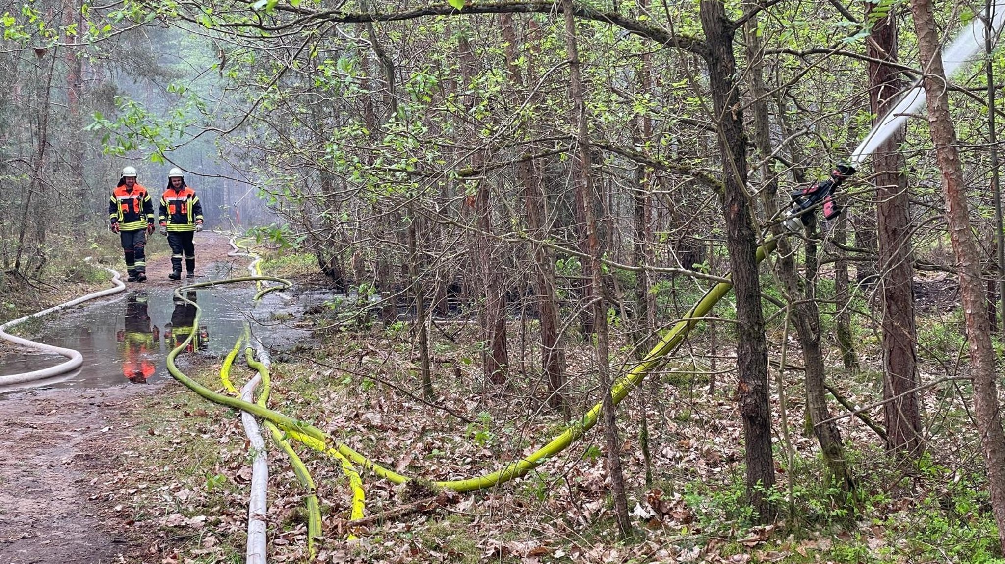 Zwei Feuerwehrmänner laufen einen Weg durch den Wald entlang, am Rand liegen Schläuche und ein sogenannter Kreisregner spritzt Wasser 