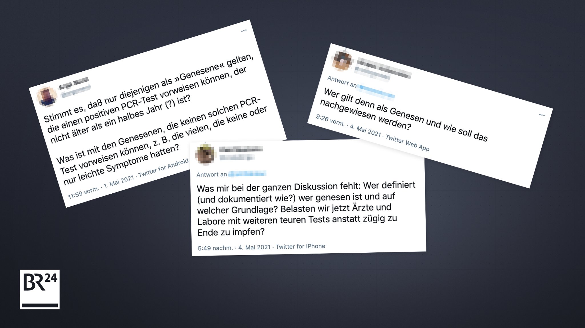 Drei Tweets mit Fragen zu "Genesenen"