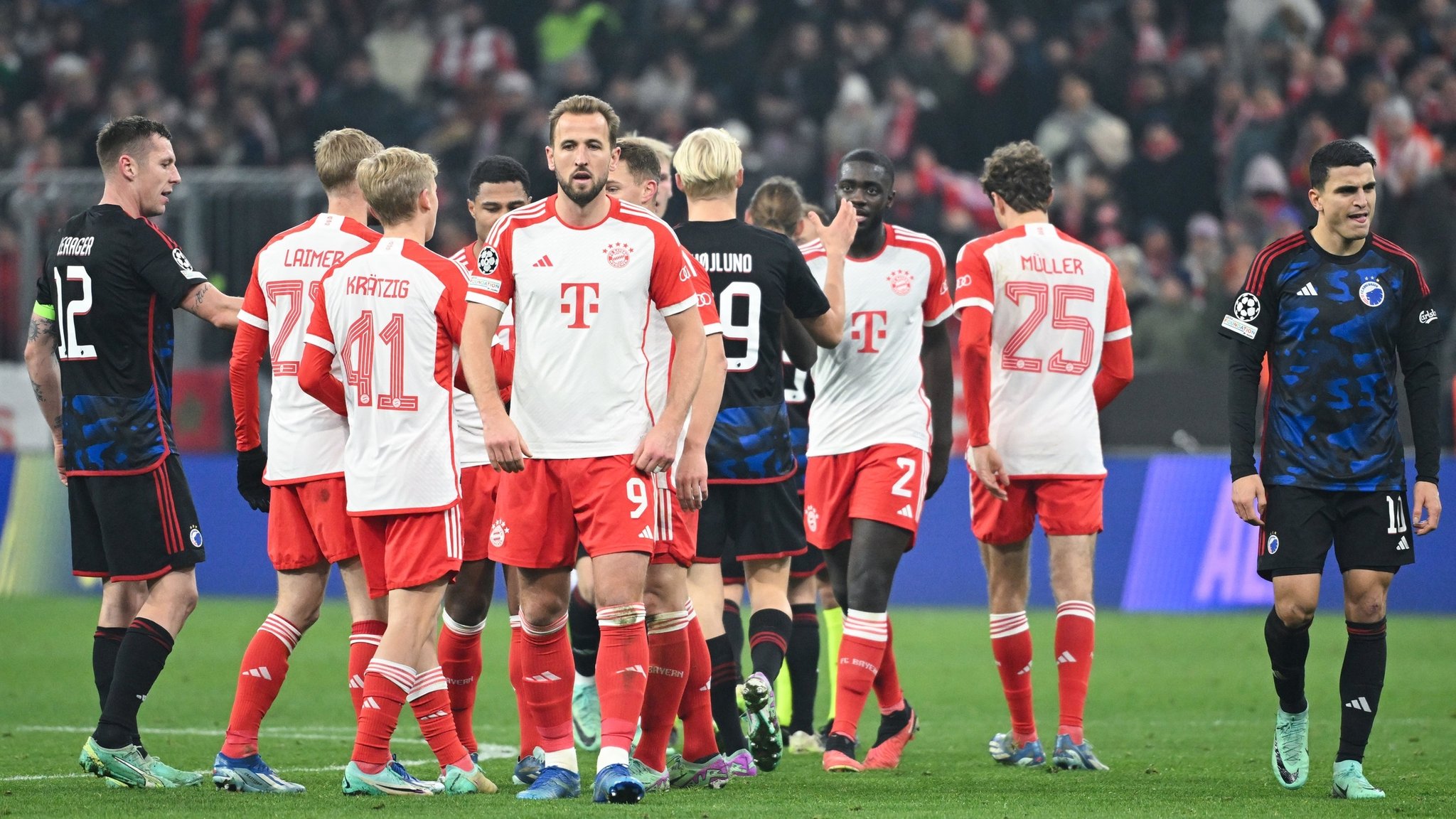 29.11.2023, Bayern, München: Fußball: Champions League, Bayern München - FC Kopenhagen, Gruppenphase, Gruppe A, 5. Spieltag in der Allianz Arena, Münchens Harry Kane (M) und andere Spieler stehen nach der Partie zusammen. Foto: Sven Hoppe/dpa +++ dpa-Bildfunk +++