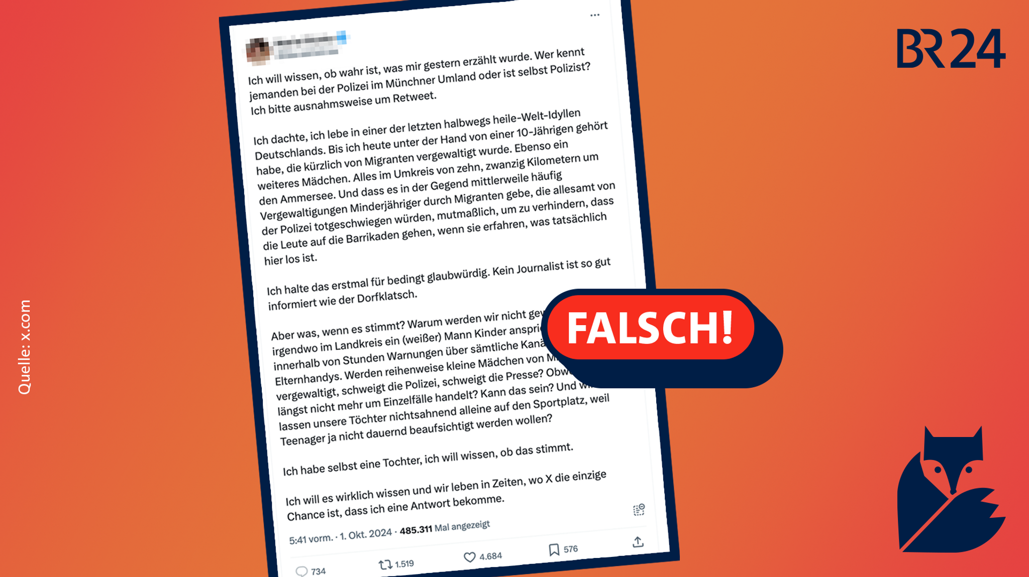 Ein Screenshot mit einer Falschbehauptung zu sexueller Gewalt am Ammersee, darüber ein Stempel "Falsch!"