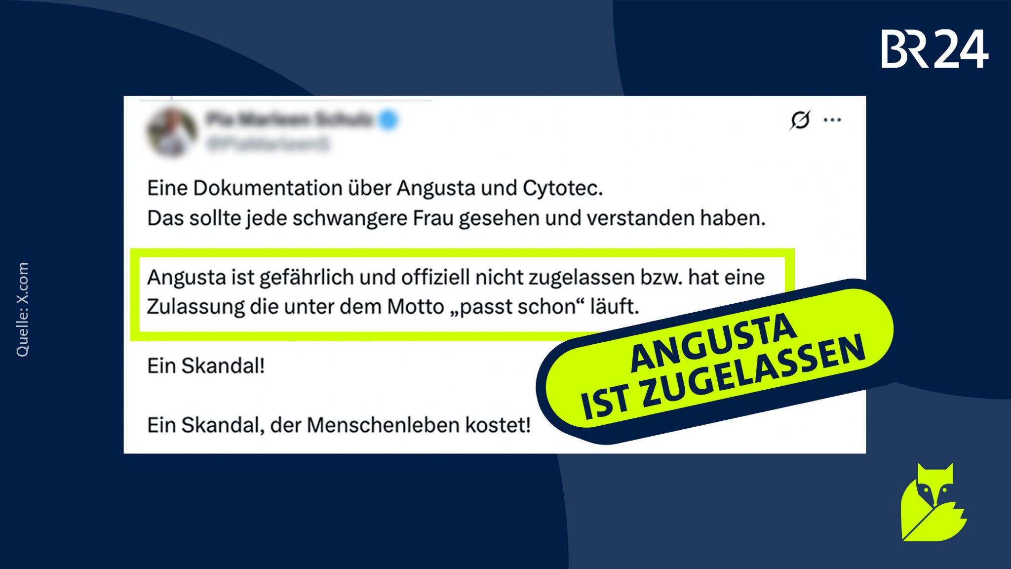 Auf X wird fälschlicherweise behauptet, Angusta habe keine richtige Zulassung. | Bild: X.com / Montage: BR Auf X wird fälschlicherweise behauptet, Angusta habe keine richtige Zulassung.
