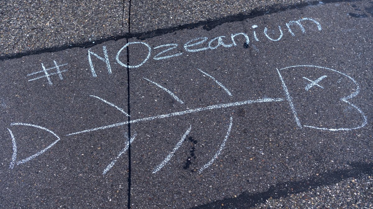 Demonstranten protestieren mit Kreidezeichnungen bei einer Kundgebung gegen das Projekt Ozeanium in Basel.