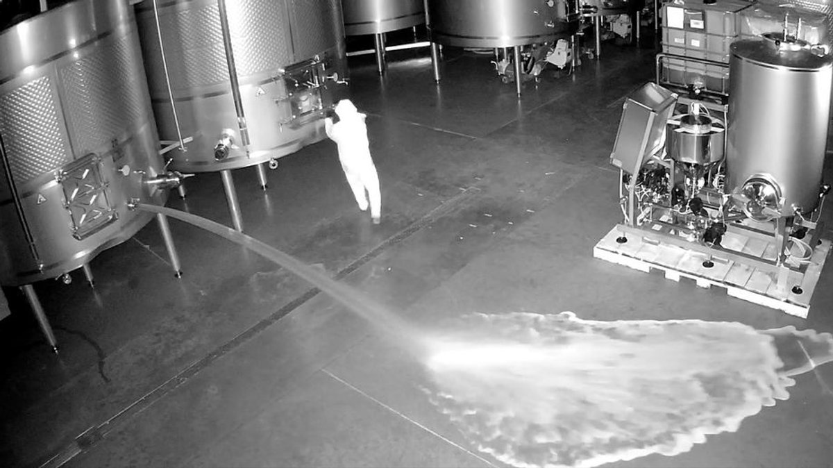 (Archivbild, 19.02.24) Auf der Aufnahme einer Sicherheitskamera ist die Frau zu sehen, die im Lagerraum eines Weinguts Cepa 21 Wein verschüttet. 