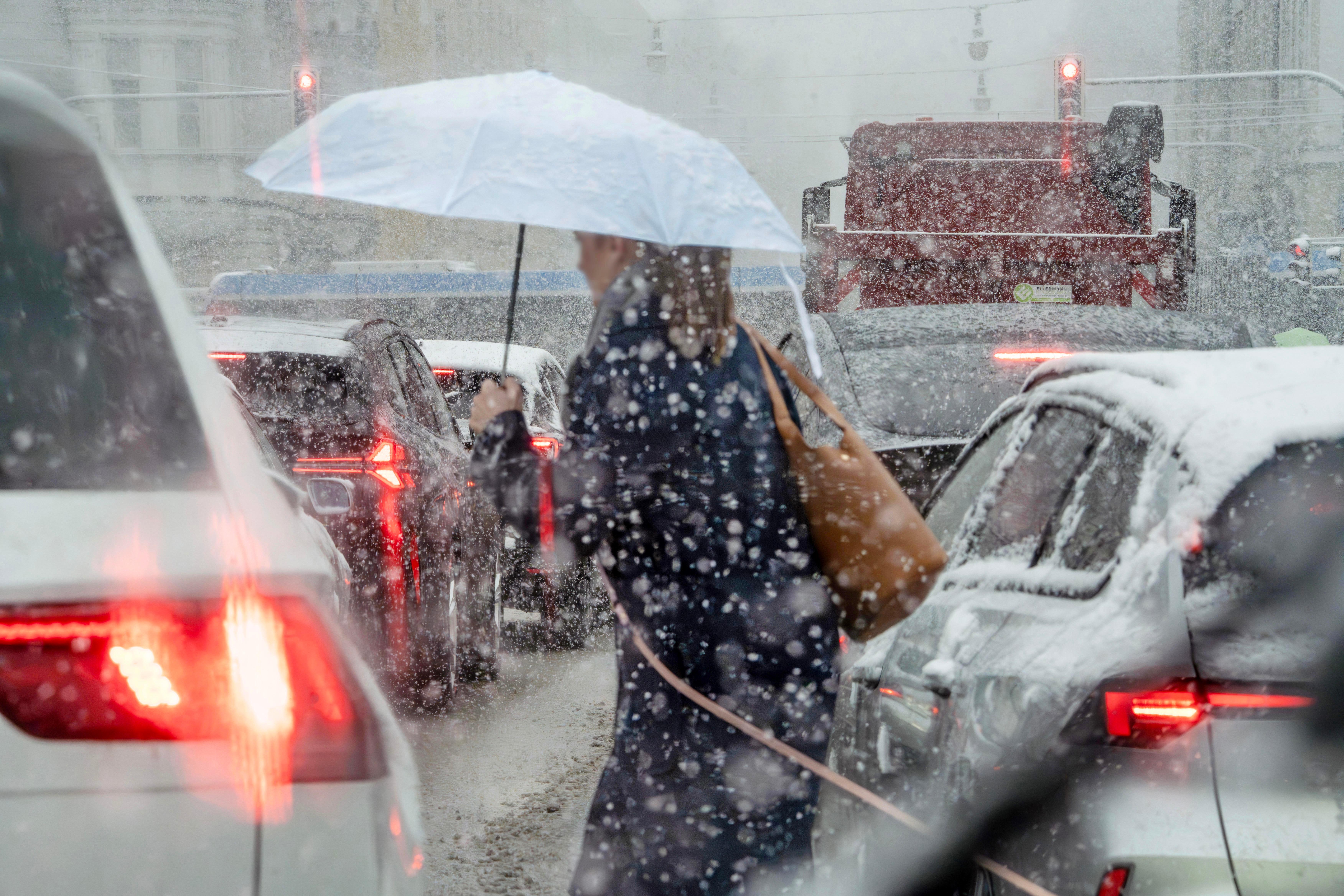 München, 19. Februar 2026, Autos im Schneetreiben auf der Prinzregentenstraße, Frau mit Regenschirm überquert die Straße 