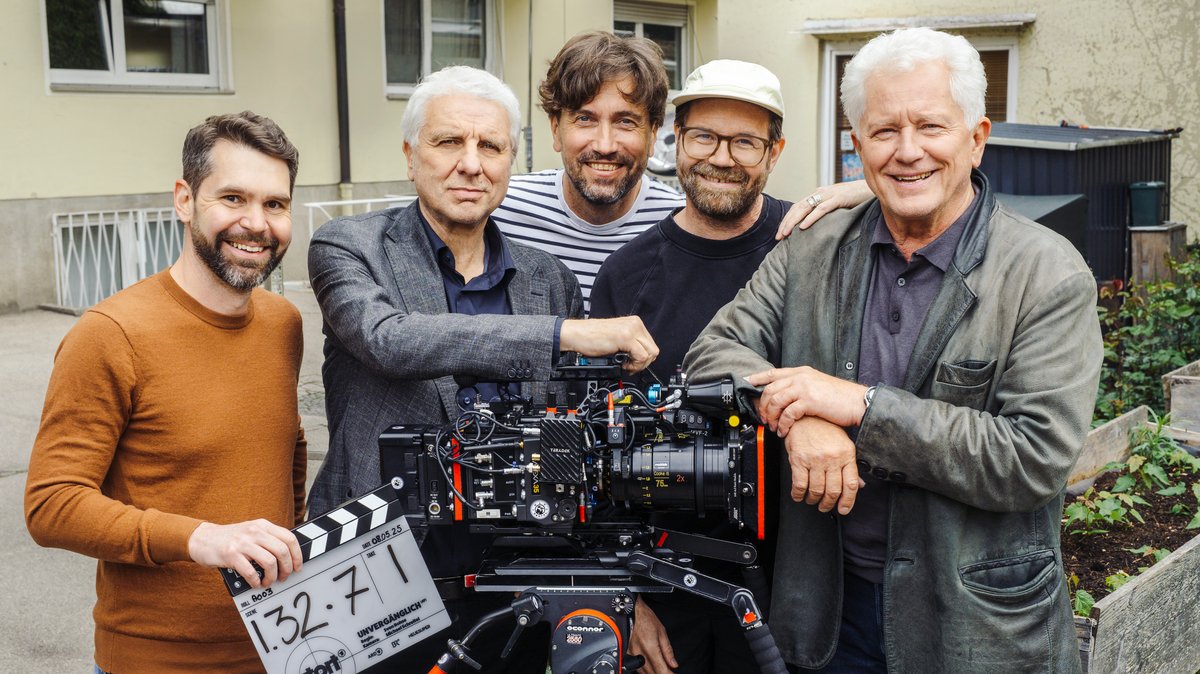 Von links: Korbinian Dufter (Produzent), Udo Wachtveitl, Michael Schreitel (Kameramann), Sven Bohse (Regisseur) und Miroslav Nemec