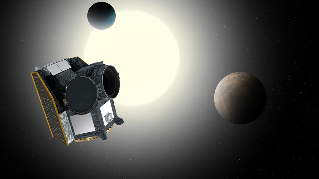 Forschungssatellit CHEOPS mit Stern und Exoplaneten (künstlerische Darstellung