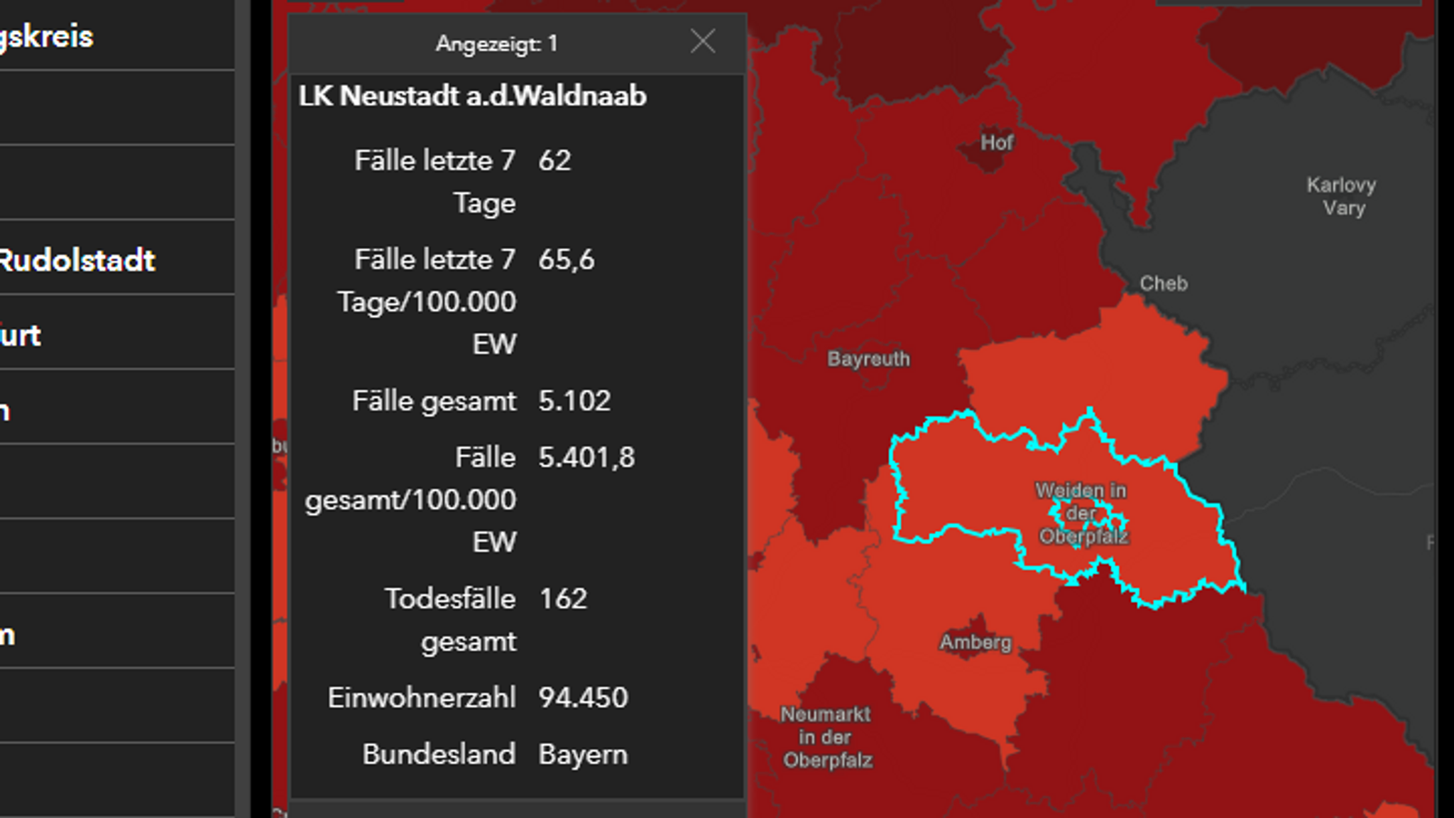 Screenshot Dashboard des Robert-Koch-Instituts - der Landkreis Neustadt an der Waldnaab mit einer Inzidenz von 65,6. 