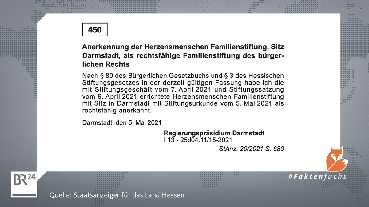 Laut hessischem Staatsanzeiger wurde die Gründung der “Herzensmenschen Familienstiftung” am 7. April 2021 beantragt und am 5. Mai 2021 genehmigt.