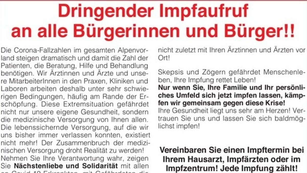 Zeitungsanzeige von 500 Ärztinnen und Ärzten aus dem Raum Rosenheim