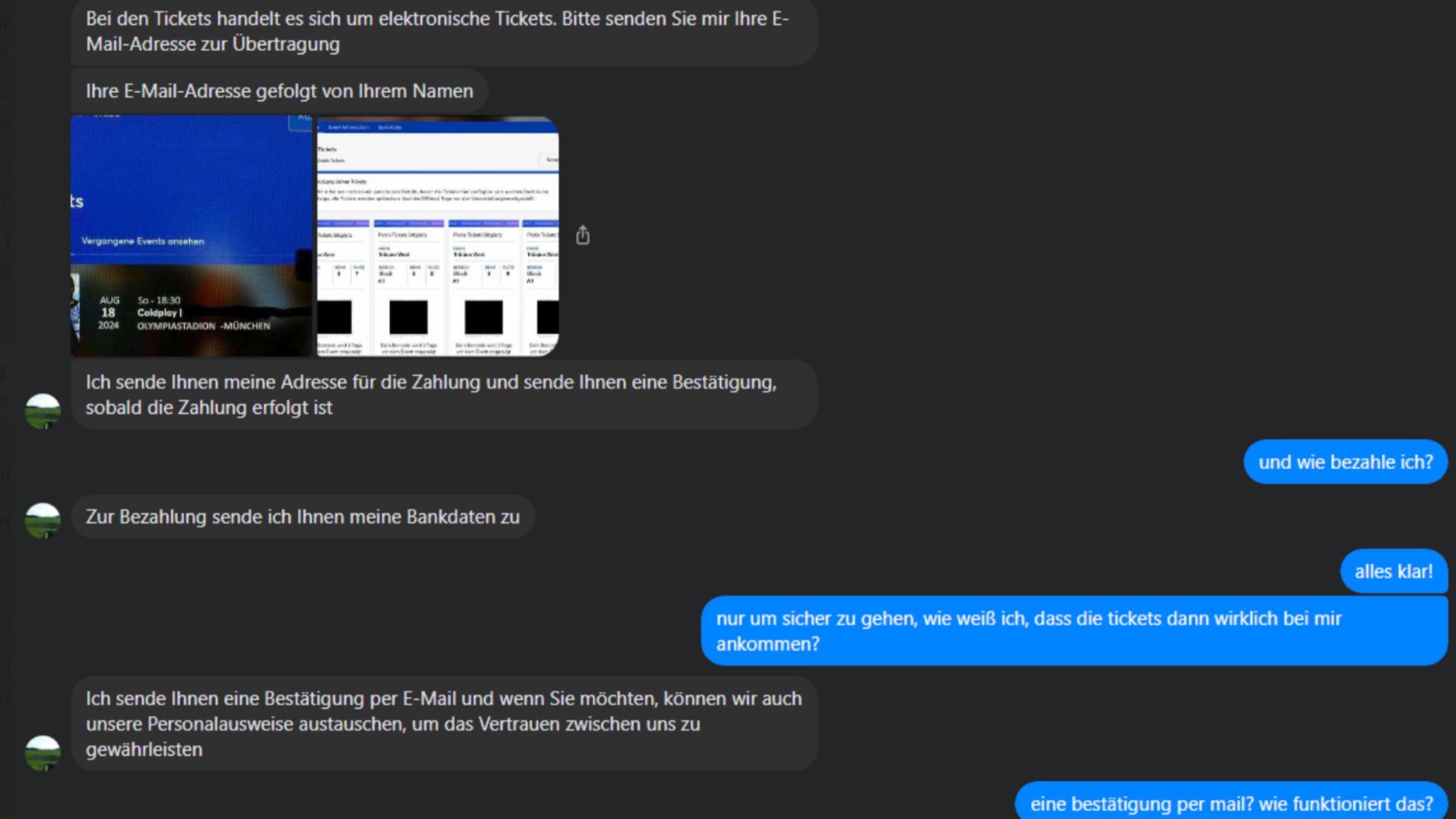 Screenshots eines Chatverlaufs mit einem mutmaßlichen Ticketbetrüger