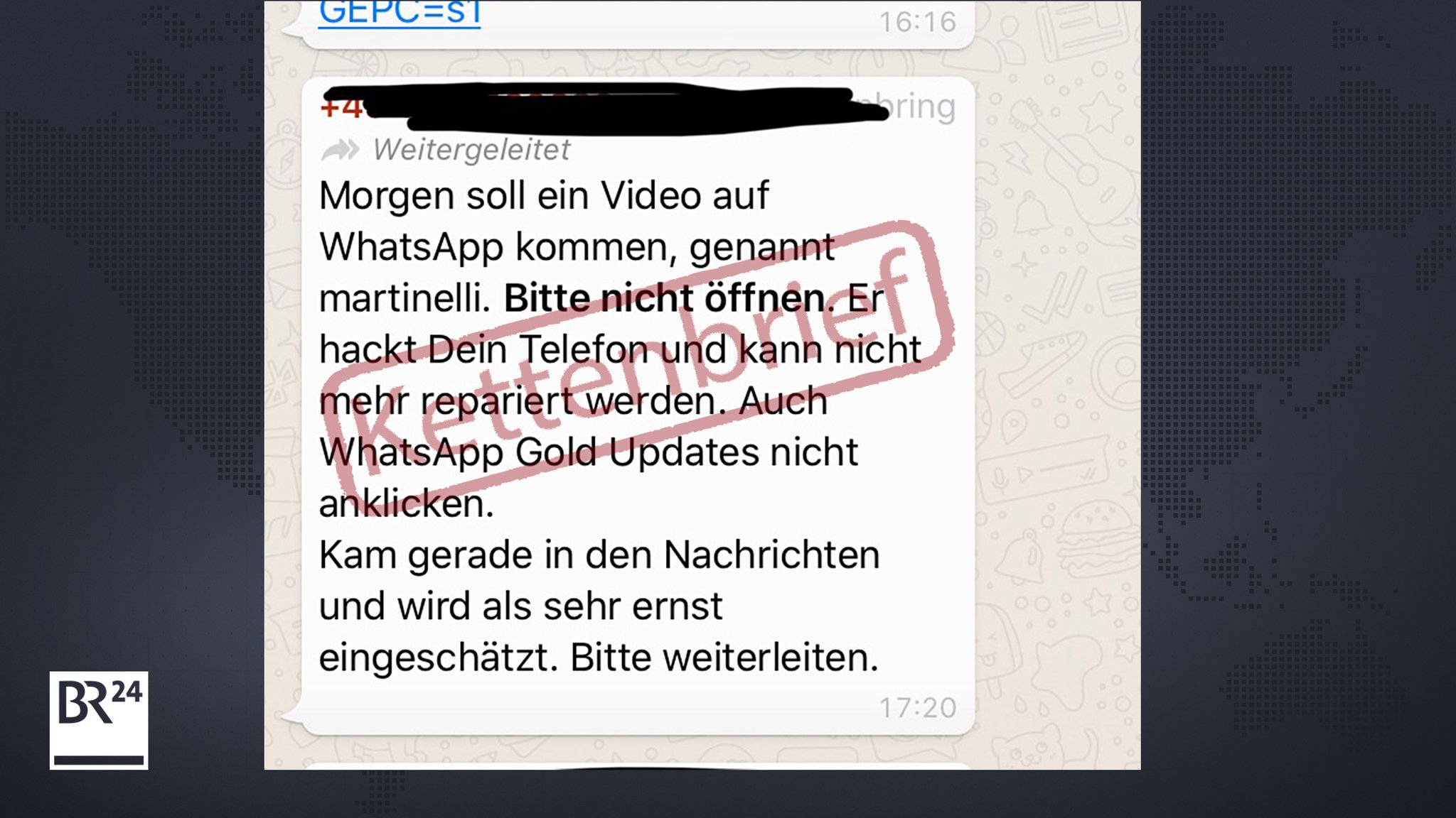 Screenshot des WhatsApp-Kettenbriefs zu "martinelli" und "WhatsApp Gold Updates"