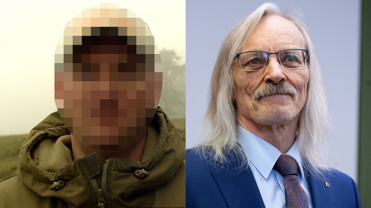 Links im Bild ist Peter W. zu sehen. Sein Gesicht ist verpixelt. Rechts ist Maximilian Eder abgebildet, ein Mann mit langen grauen Haaren und einem Schnurrbart. Er trägt eine Brille. 