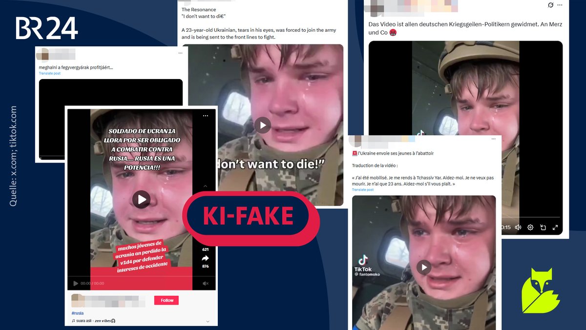 Screenshots eines KI-Deepfakes eines ukrainischen Soldaten, darüber der Stempel "KI-Fake". | Bild: x.com, tiktok.com; Montage: BR Screenshots eines KI-Deepfakes eines ukrainischen Soldaten, darüber der Stempel "KI-Fake".